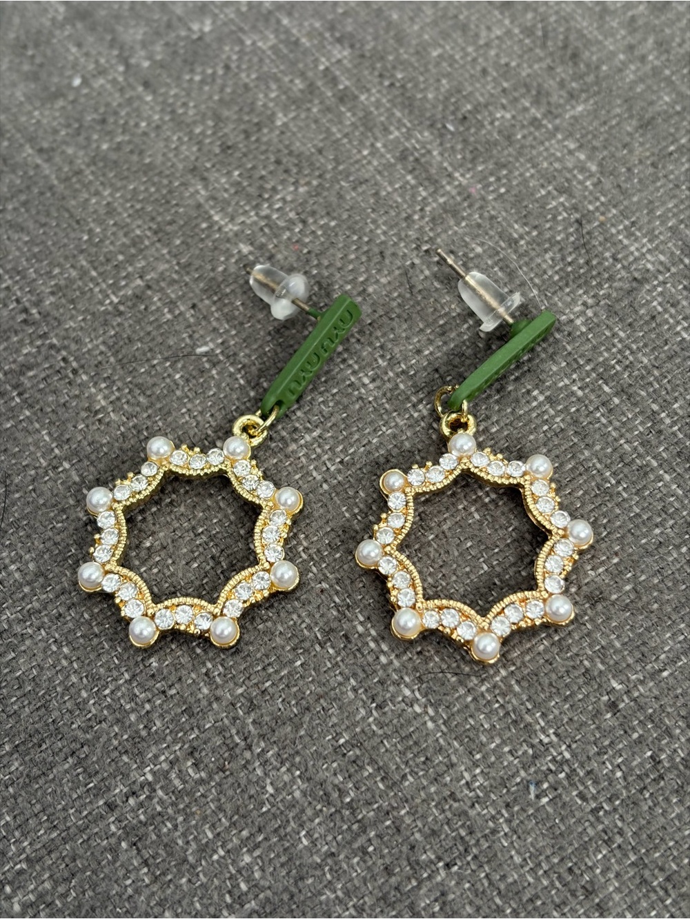 Faux Pearl Crystal Wreath Drop Earrings Green Logo Gold Tone